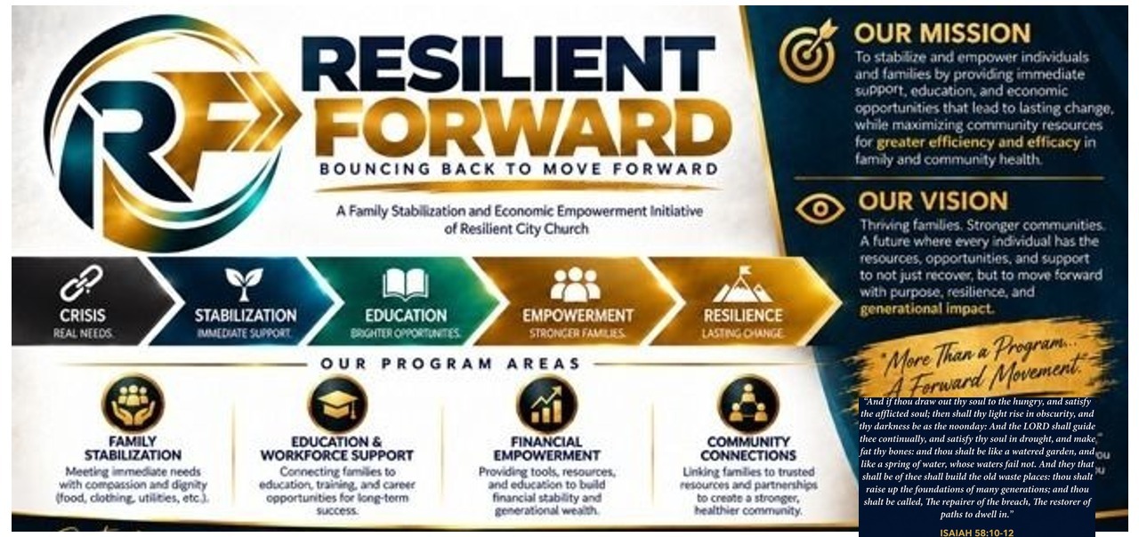 Resilient Forward program overview — our mission and vision, the five-step path from crisis to resilience, and the four program areas: family stabilization, education and workforce support, financial empowerment, and community connections.