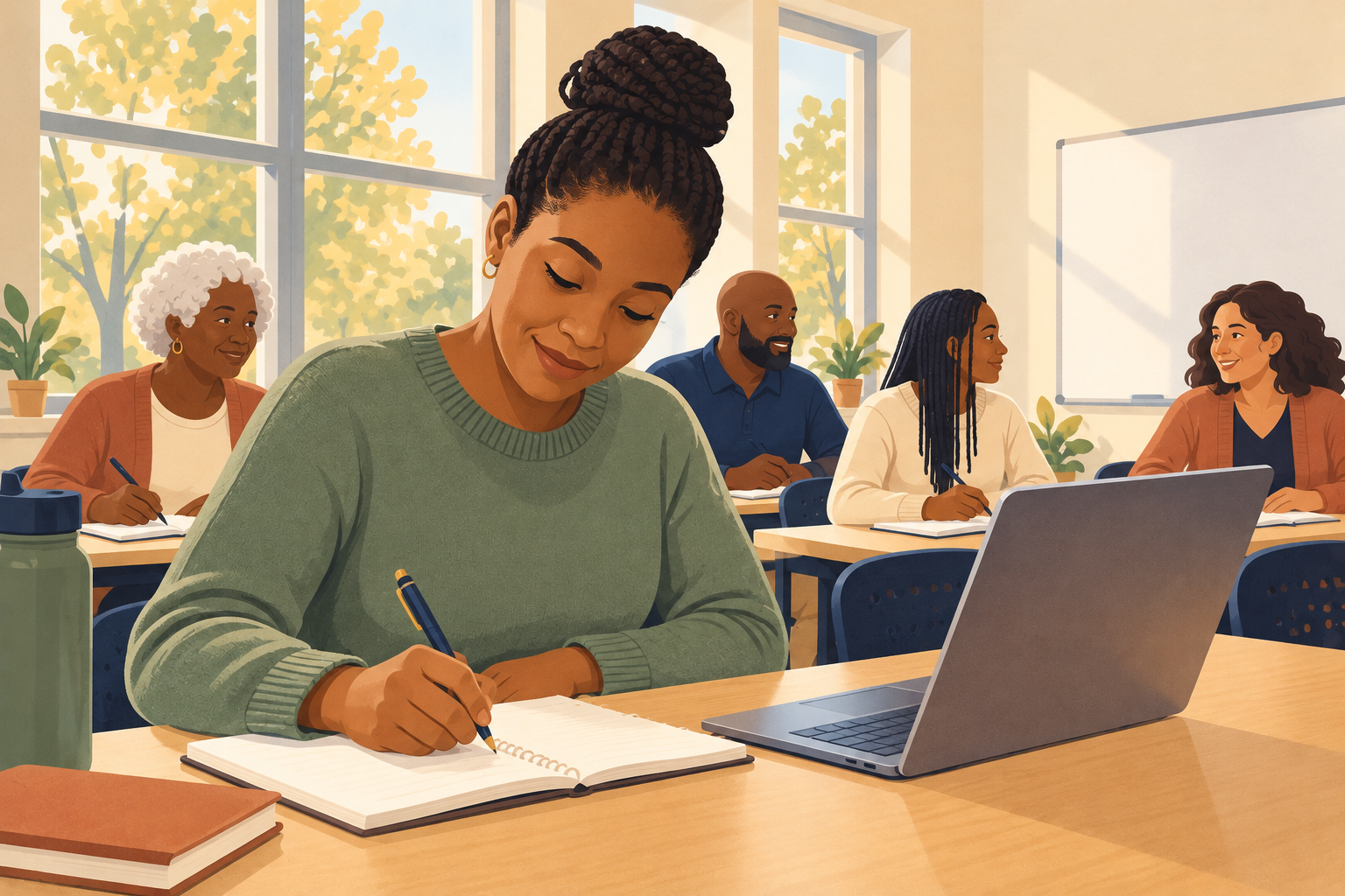 An illustrated scene of adult learners taking notes at tables in a sunlit community classroom