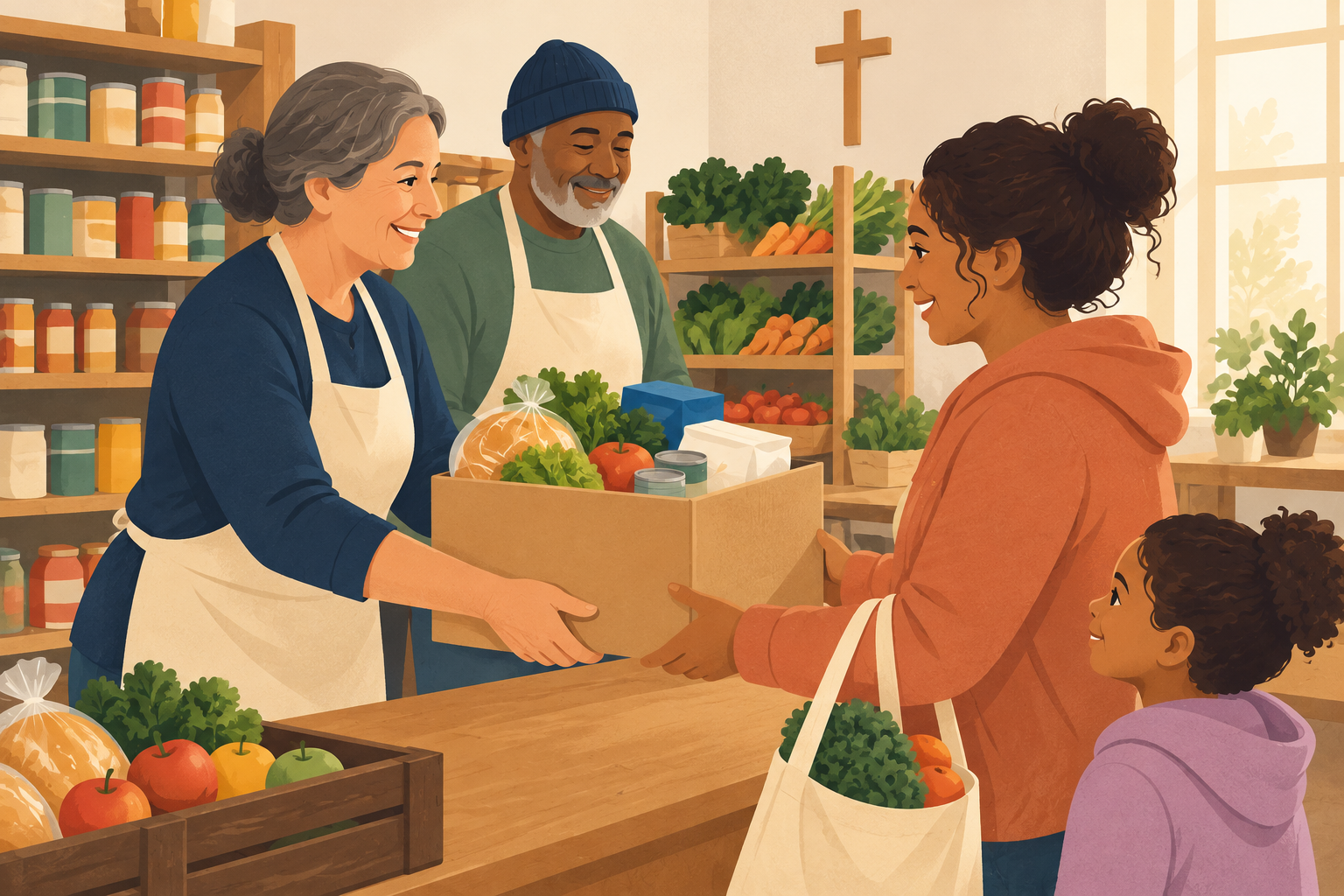 An illustrated scene of volunteers handing a box of groceries across a pantry counter to a mother and her daughter