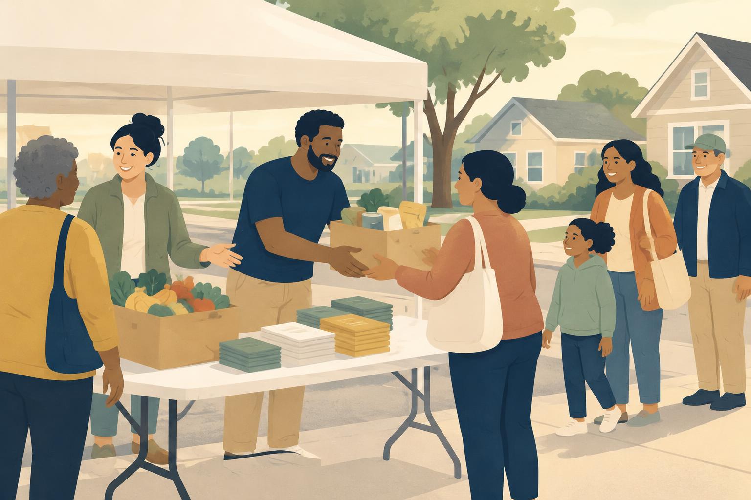 An illustrated scene of neighbors being greeted at an outdoor community resource table under a canopy tent