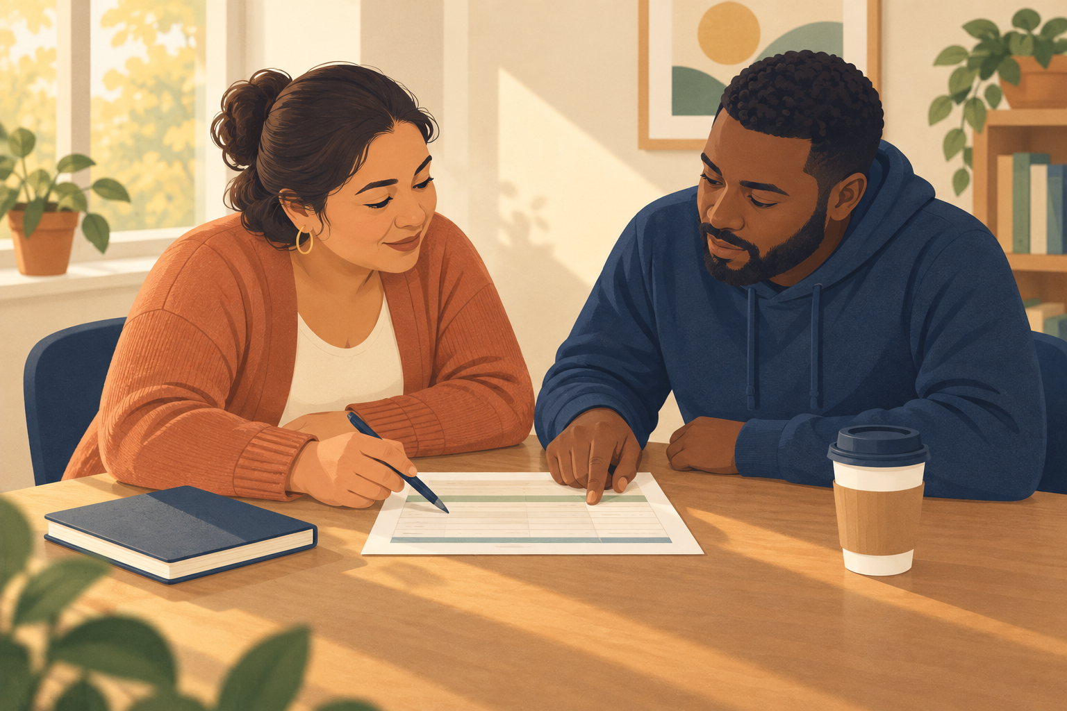An illustrated scene of a support navigator and a parent going over a printed form together at a table