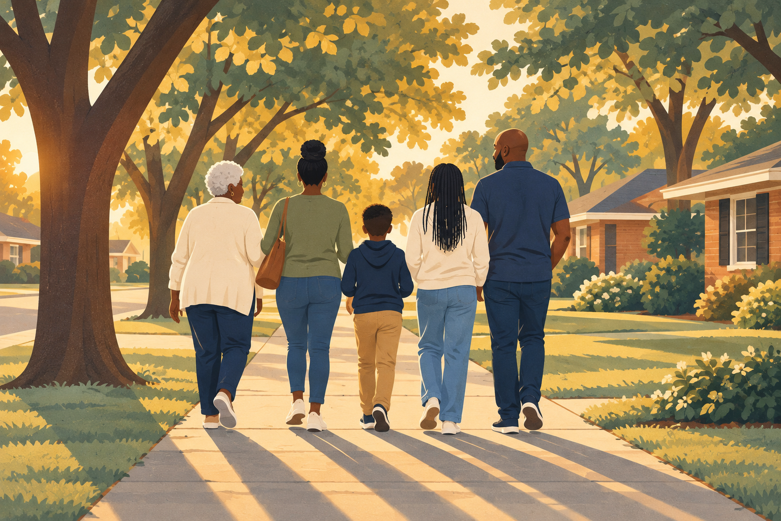An illustrated family walking together along a tree-lined sidewalk in warm afternoon light