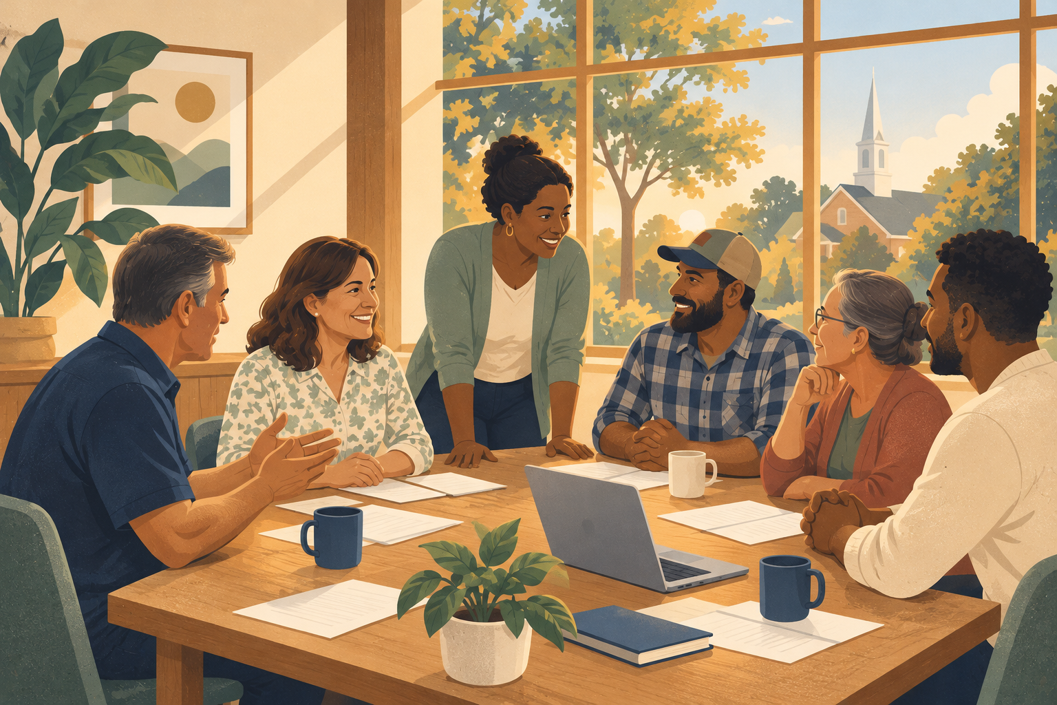 An illustrated scene of a diverse group of community leaders talking together around a table