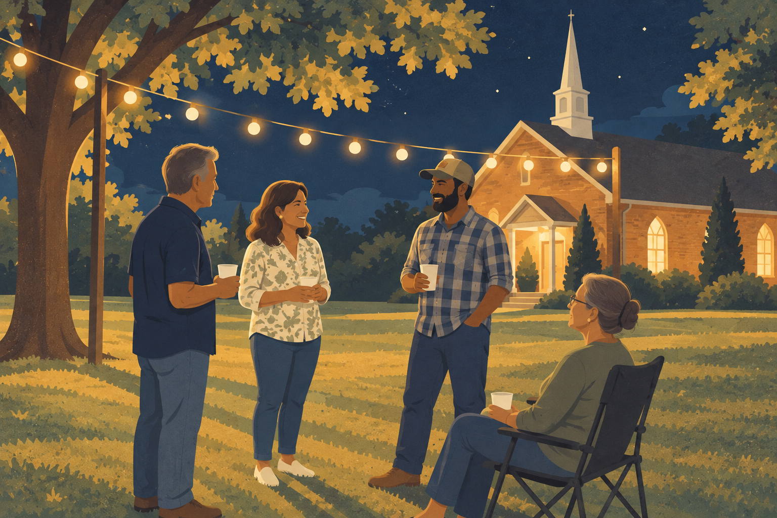 An illustrated scene of neighbors talking together on a church lawn under string lights at dusk
